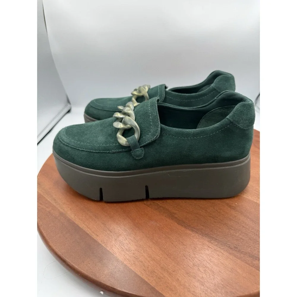 NAKED FEET Princeton Emerald Suede Chunky Chain PLatform Loafer Women's Size 9.5
